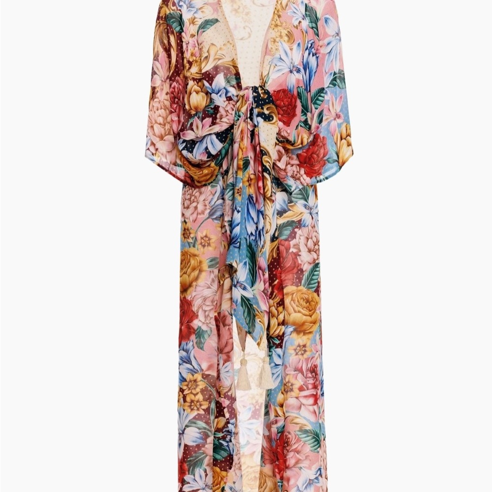 Agua Bendita Red and Pink Swim Coverup with Floral Design NWT